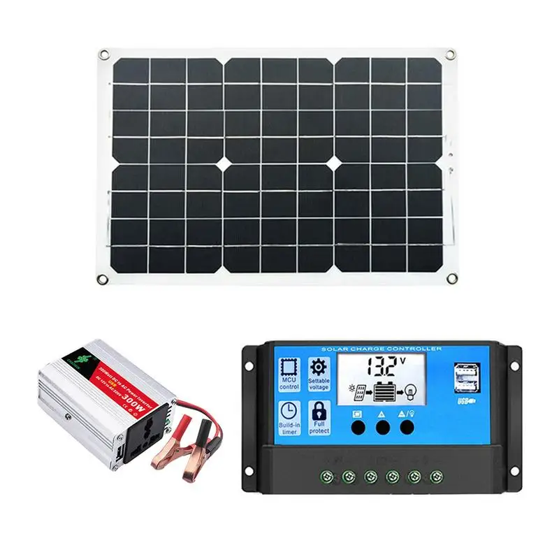 

Solar Panel Kit Solar Charge Controller With 18W 12V Solar Panel Portable 300W Power Inverter For Home Backup Outdoors Camping