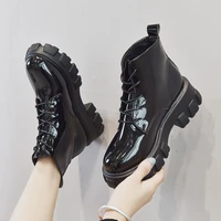 rock shoes woman ankle boots black patent leather platform female luxury designer boots low heels booties round toe short mid