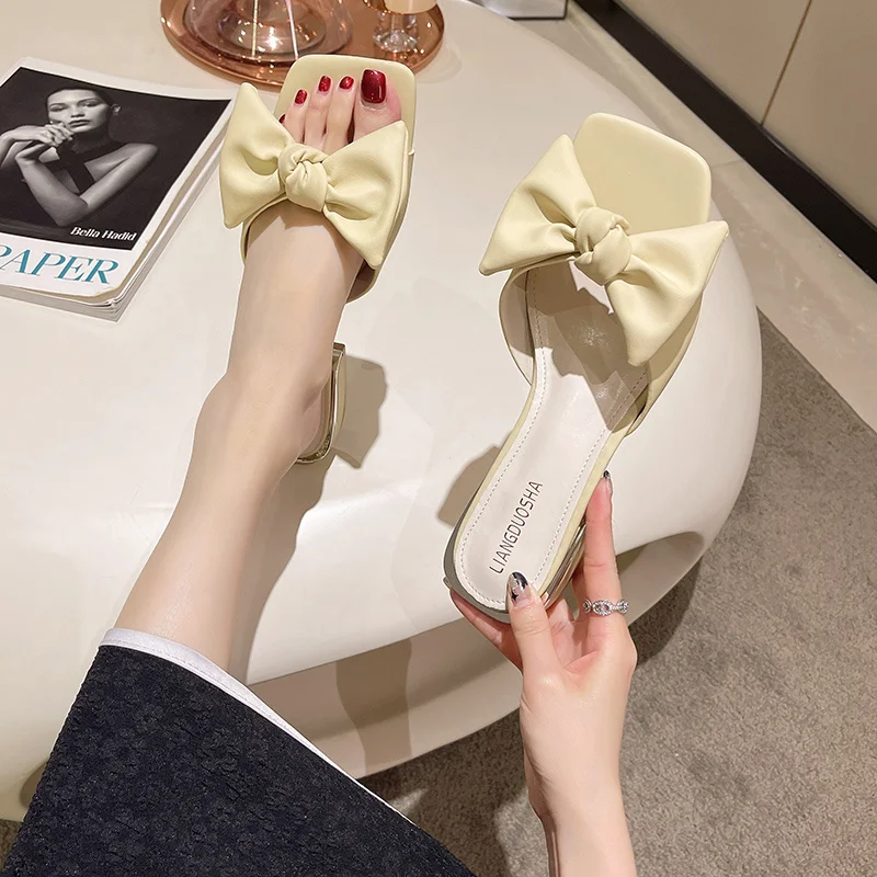 

Шлепанцы женские с бантом-бабочкой, сланцы, квадратный каблук, низкий квадратный каблук, дизайнерские уличные тапочки, 2022