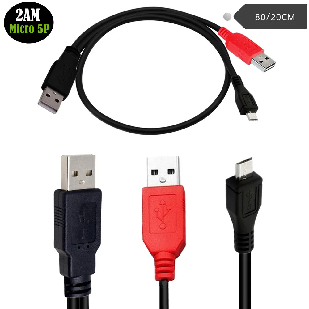 

Portable Dual Type A Micro Male Y Cable 2 in 1 USB 2.0 Adapter Date Cord for 2.5 inch Mobile Hard Disk Drive HDD