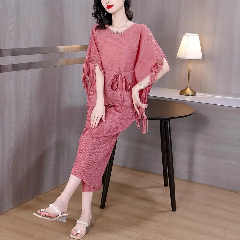 Весенне-летние облегающие элегантные брюки комплект из рубашки с кисточкой