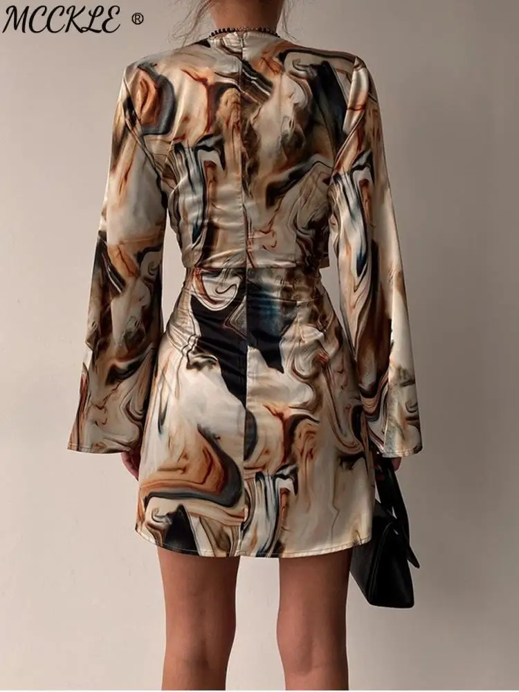 Женское винтажное платье с V-образным вырезом длинным рукавом и принтом в виде