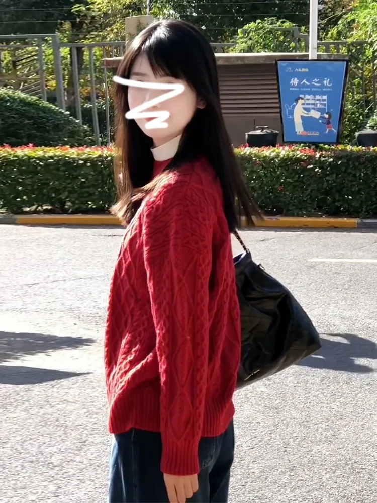 Красный облегающий пуловер в стиле ретро женский осенне-зимний дизайн трикотаж