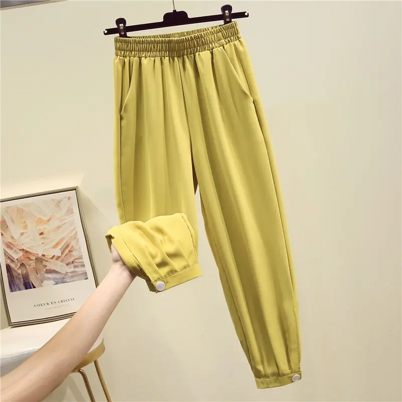 

Summer New Chiffon Elastic Waist Lantern Pants Solid Color Loose Simplicity 9-point Harem Pants Fashion Casual Women Clothing