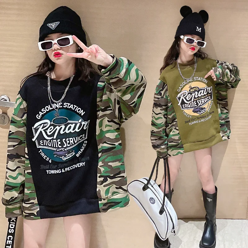

Girls' Camouflage Hoodies Sweatshirts Teens Kids Outwear 2022 New Plus Velvet Thicken Winter Autumn Top Cotton Children's Clothe