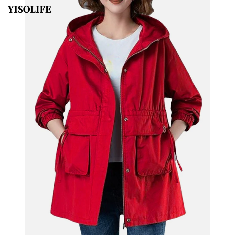 

YISOLIFE Women's Long Sleeve Mid-Length Trench Coats Hooded Loose Waist Drawcord Trench Jackets Windbreaker with Pockets