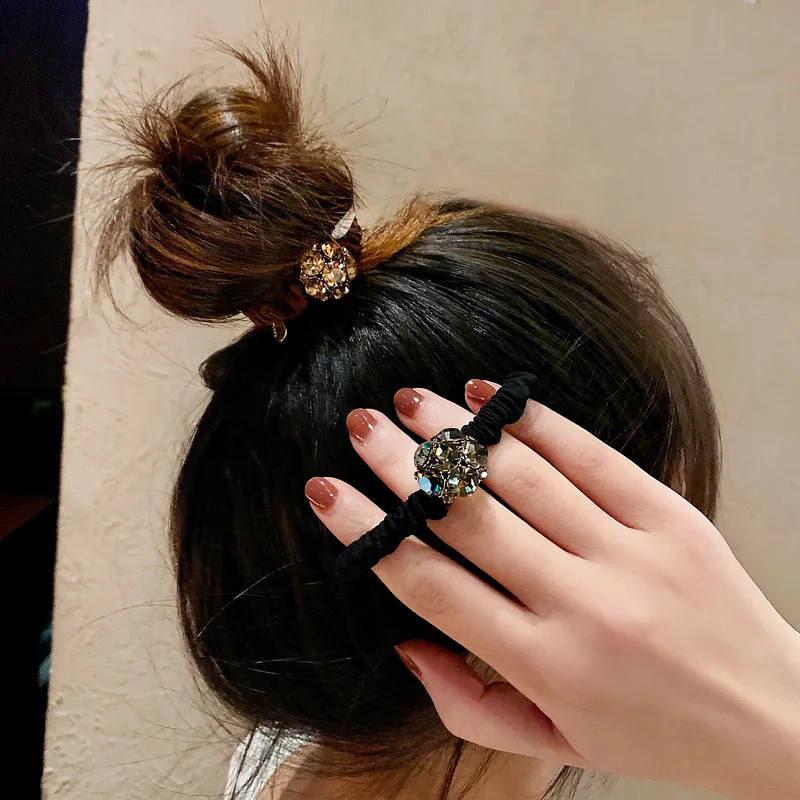 

Korean Rhinestone Large Intestine Hair Rope Hair Ornament Ball Hair Ring Czech Diamond High Elasticity Leather Band 2023 New Hea