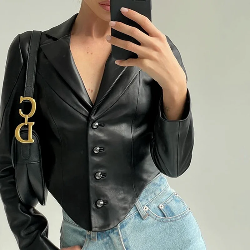 Streetwear 2022 New Fashion Women's Long-sleeved Single-breasted Jacket Suit Collar Slim Cardigan Ladies PU Leather Jacket