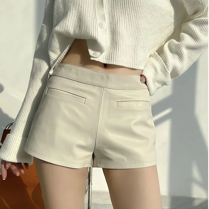 2022 Spring Women Genuine Leather Shorts Low Sexy Waist Casual Short Mujer Wide A-line Streetwear Expose The Navel