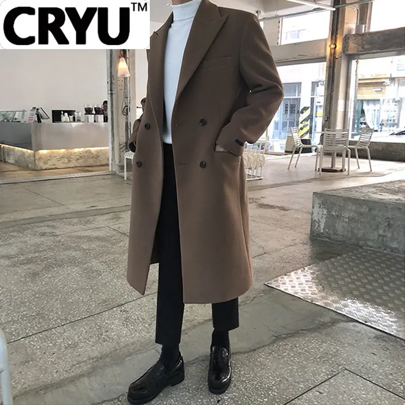CRYU Men's Autumn Winter Mid Length Woolen Coat New Korean Tide Black Thickned Overcoat Long Sleeve Double-breasted Jackets