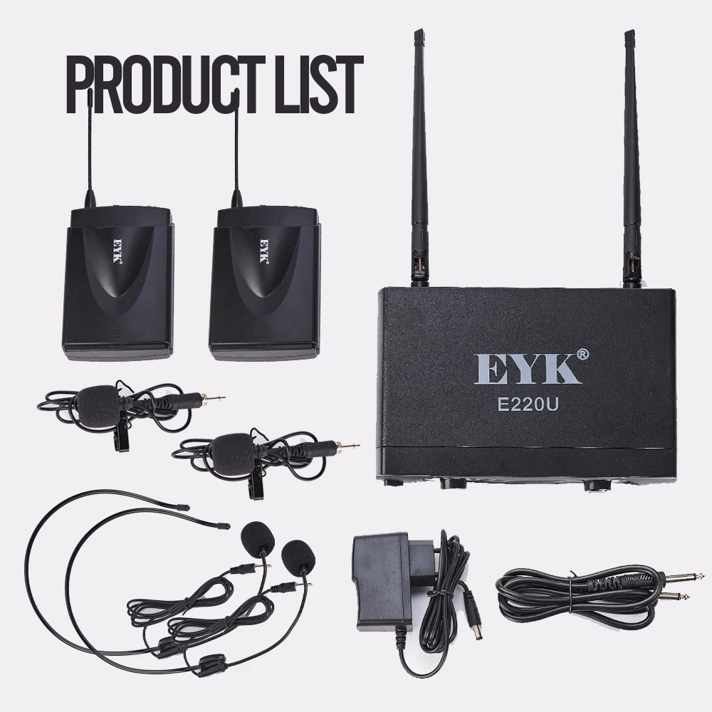 EYK E220U UHF Dual Channels Wireless Microphone 2 Bodypack Transmitter With Headset and Lavalier Lapel Mic for Church Speech enlarge