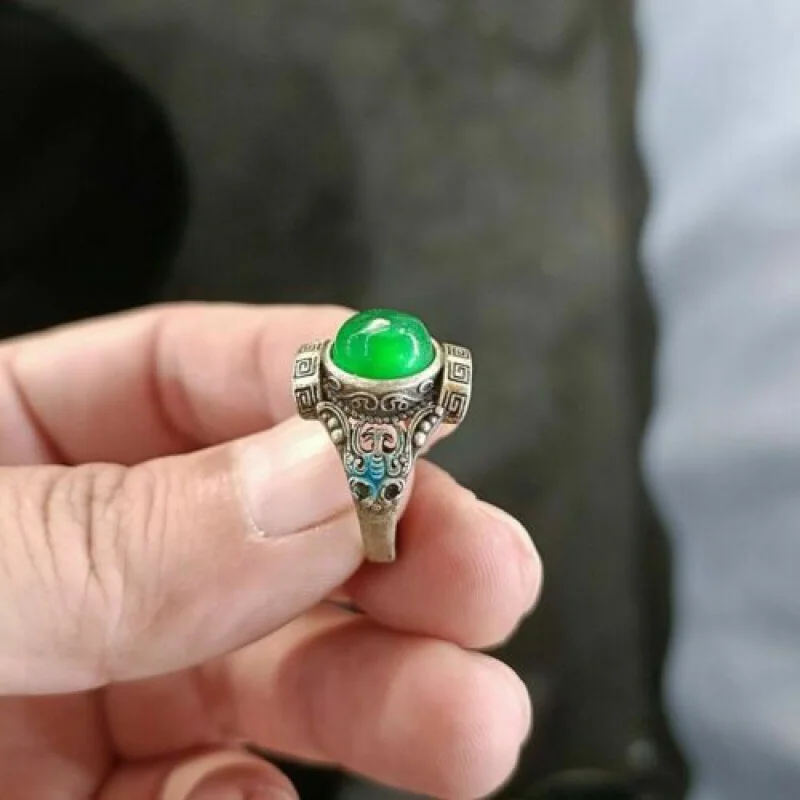 

Exquisite Chinese Old Tibetan Silver Enamel Inlaid Green Jade Handmade Ring