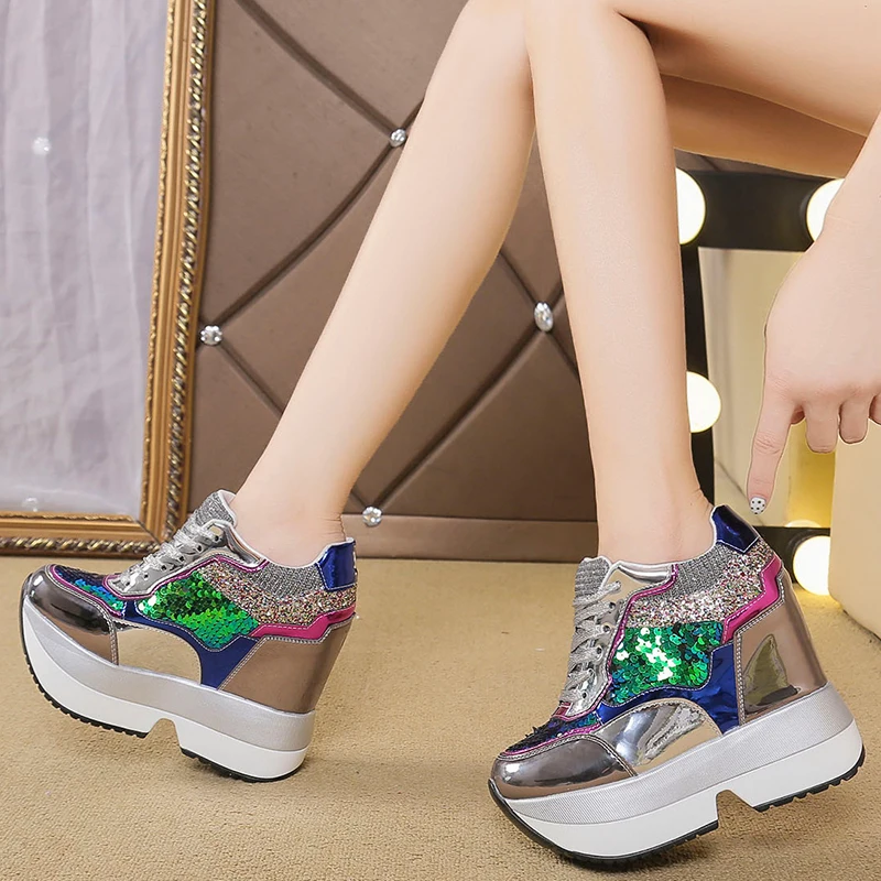 

13CM Hidden Heel Women Wedge Heel Shoes With Sequins Embellished New 2022 Ladies Leather Bling Shoes Free Shipping