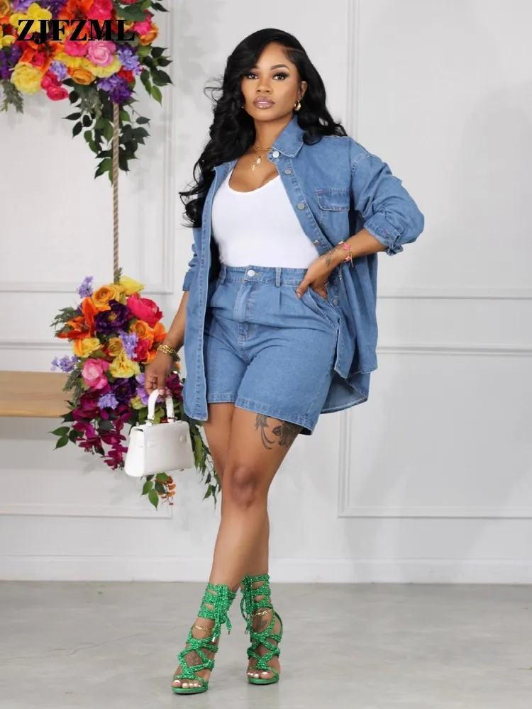 

Винтажный женский джинсовый костюм из двух предметов, осенняя куртка с отложным воротником и длинным рукавом + приталенная короткая уличная одежда на пуговицах с высокой талией