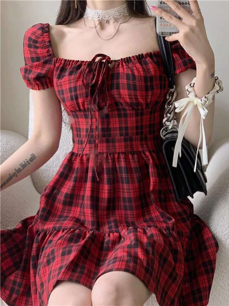 

JMPRS Red Women Plaid Dress High Waist Summer Short Sleeve A Line Mini Dress Sexy Off Shoulder Party Night Ladies Vestidos New