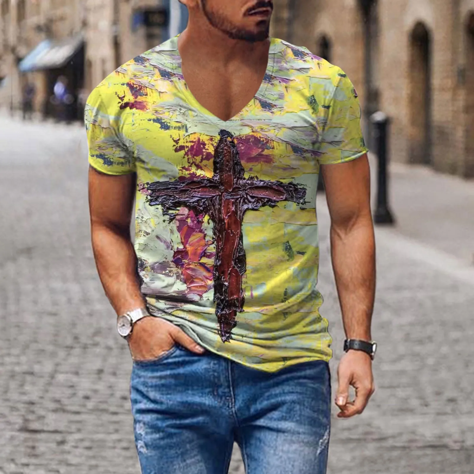 

Футболка мужская цветная с V-образным вырезом и коротким рукавом