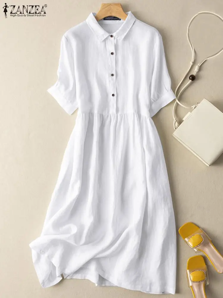 

Винтажные летние платья ZANZEA с коротким рукавом, Повседневное платье с отложным воротником, Женский трапециевидный сарафан, платья, оптовая ...