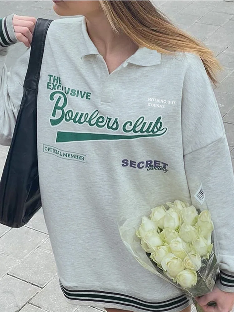 

Preppy Style Polo Collar Letter Print Hoodies Streetwear Women 2022 Autumn Gray Long Sleeve Tops Casual Sweatshirts Y2K Clothes