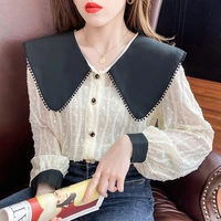 spring contrast color shirt women stitch doll collar chiffon long sleeve loose korean fashion shirt ladies tops camisas mujer