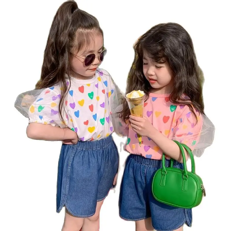 

Korean Style Baby Girls Short Lace Puff Sleeve T Shirts Toddler Kids Summer Clothes Cotton Heart Print T-Shirt Children Tees Top