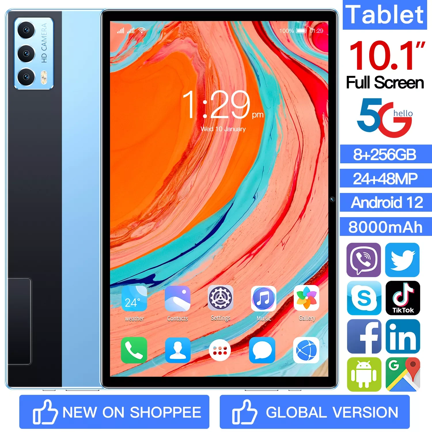 

10,1-дюймовый планшет Android 12, 10,1 ГБ, Qualcomm 128, 870 мАч