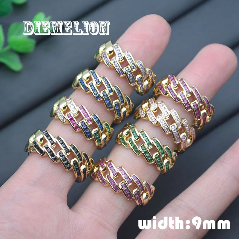 

Chic Dazzling Cuban Link Chain Rings for Women 9mm Thick Micro Pave Colorful Zirconia Hip Hop Jewelry Iced Out Cuban Street Ring