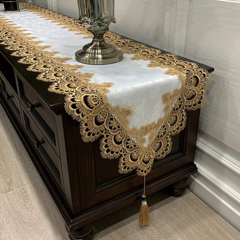 Lace Table Runner Embroidered TV Cabinet Tablecloth Dust Cover Pendant Tassel Dresser Table Manteles De Mesa Decoration for Home