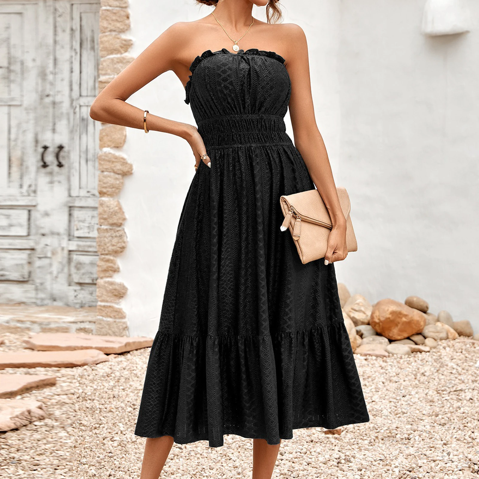 

Ladies Strapless Mini Dress Backless Women Elegant Maxi Dress Sexy Style Solid Color Off Shoulder Slash Neck Daily Outfit