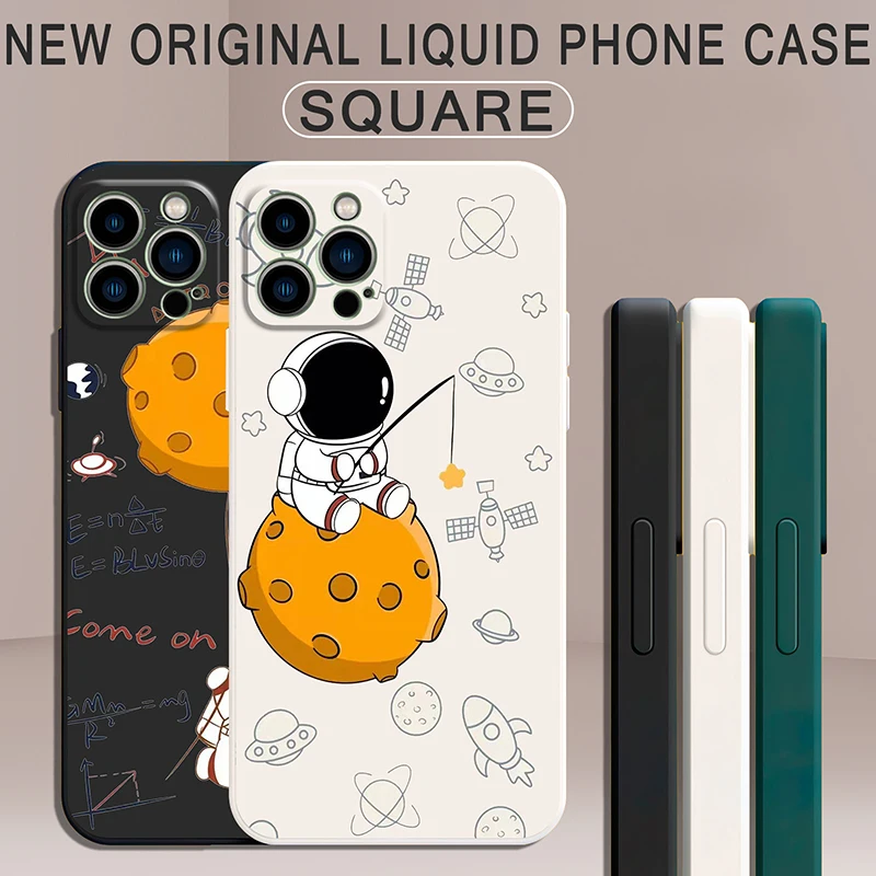 

Creative Astronaut Phone Cases For iPhone 13 12 11 Pro Mini Max SE 2020 X XR XS Max Liquid Silicone Funda For 8 7 6s 6 Plus