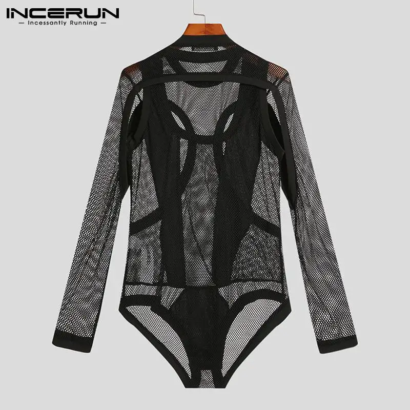 INCERUN Men's Hollow Out Jumpsuits Fashion Casual Male Party Shows Long Sleeved Breathable Mesh Skinny Stretch Romper S-5XL 2023