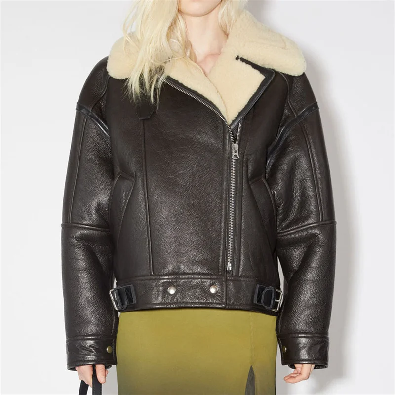 

Женская куртка из овечьей шкуры, зимняя теплая плотная куртка из искусственной кожи с флисовой вставкой в Корейском стиле, 2023