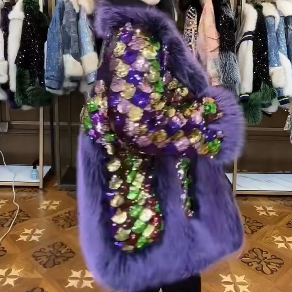 Fur Long Sleeve Female Toka Double Face Wool Leather Warm Heavy Embroidery Sequins Casual Trend Fashionable Jacket Winter