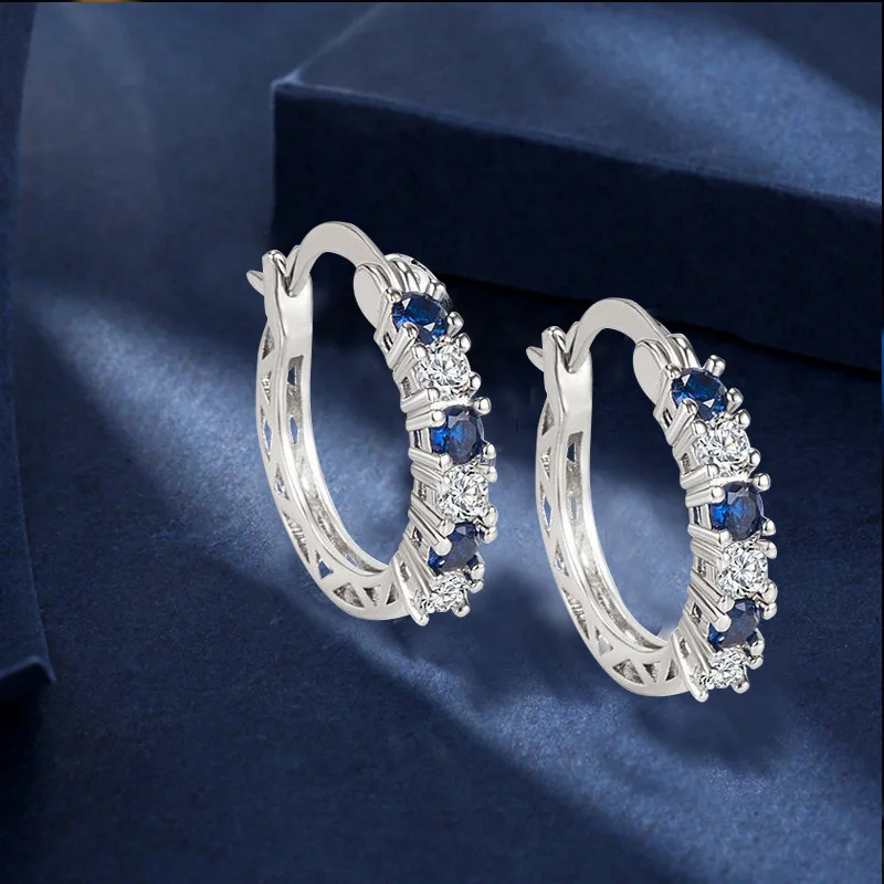 

GD New Arrival Elegant Trend Blue Zircon Crystal Stud Fashion Diamond Ladies White Silver Plated Hoop Earrings for Women Girls