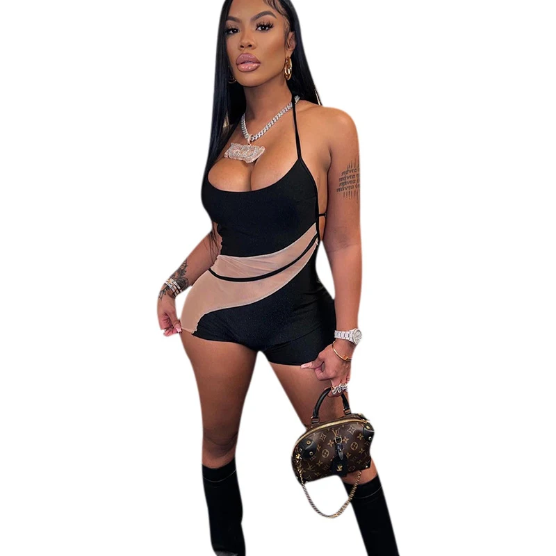 

Short Jumpsuit Women Bodysuit Halter Backless Sleeveless Rompers Summer New Mesh See Through Splice Sexy Club Playsuits Outfits