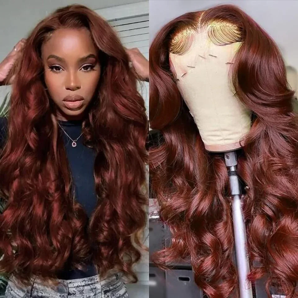 34 Inch Reddish Brown Body Wave Lace Front Wig 13x6 Lace Frontal Wig 13x4 Lace Front Human Hair Wigs New In Auburn Copper Color