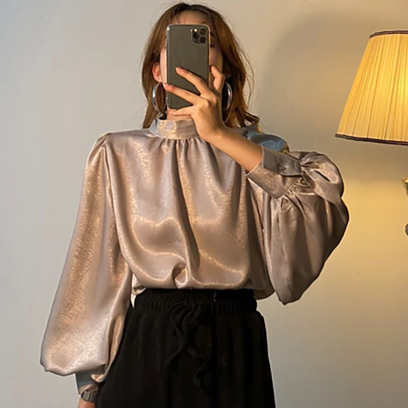 

Satin Blouse Long Lantern Sleeve Office Chic Ladies Shirt White Korean Fashion Clothing Black Spring Blouses Women Tops Chemise