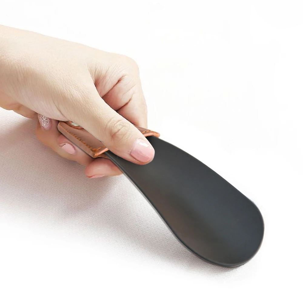 Металлическая ложка для обуви ZOMAKE с рожком и кожаной ручкой 16 см нержавеющая