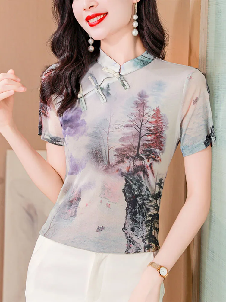 Новая китайская футболка с короткими рукавами и сетчатым принтом в национальном