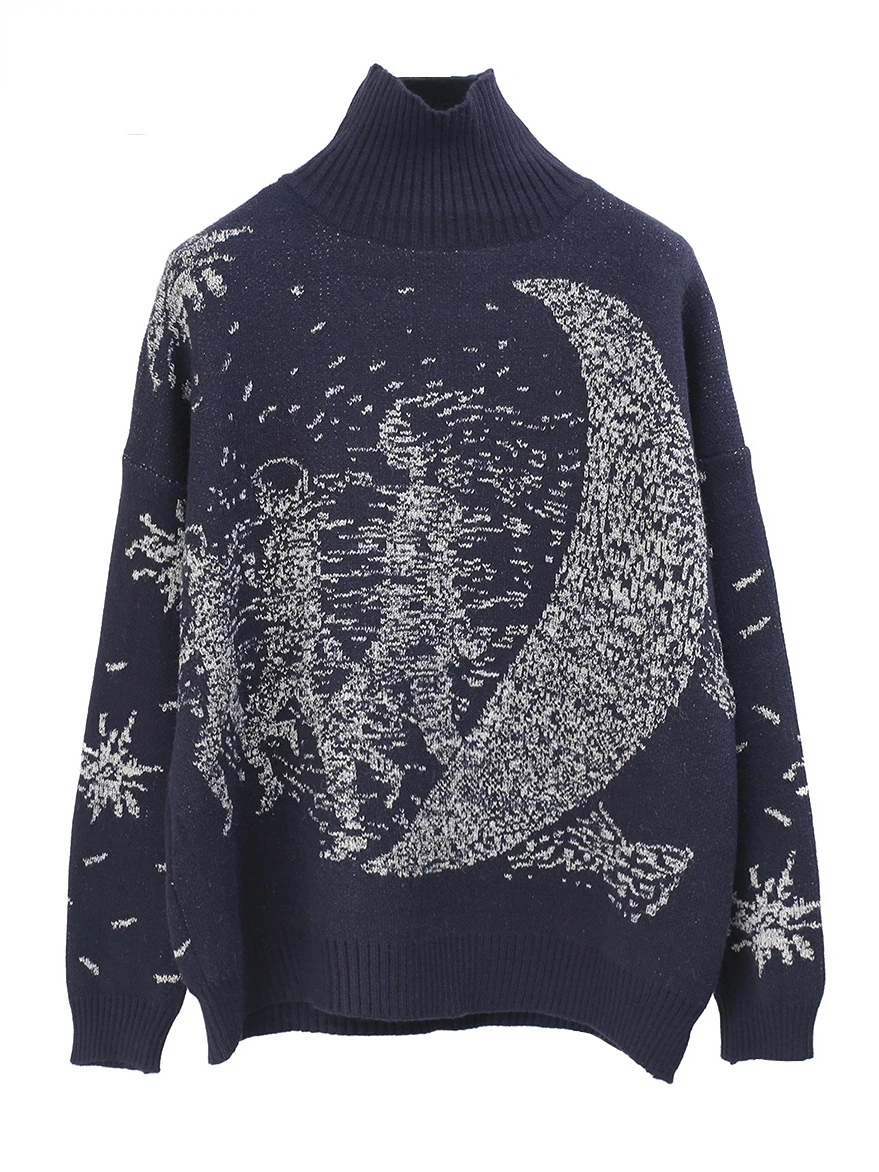 

YYJO Turtleneck Sweater Women 2023 Winter Thick Runway Design Galaxy Moon Oversized Casual Pullover Knit Jumper 7012