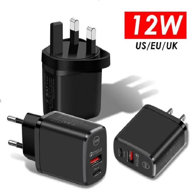 

200pcs 12W Fast Quick Charging EU US UK AC Power Adapter Dual Ports PD type cWall Charger For Ipad Iphone 11 13 Pro Max Huawei