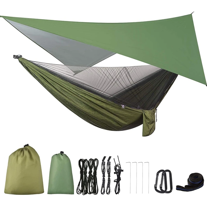 

Camping Hammock With Rainfly Tarp And Mosquito Net, Portable Parachute Hammock For Hiking Outdoor Travel Backyard
