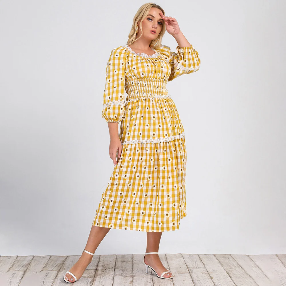 

Plus size small Large women's spring and neck summer round daisy waist check fresh and sweet dress