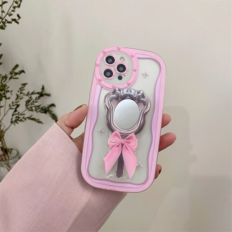 

Cute Magic mirror 3D Case For iphone 13 12 Pro XS Max Flower lens i11 XR X fairy tale girl gift pink Phone Cover with holder