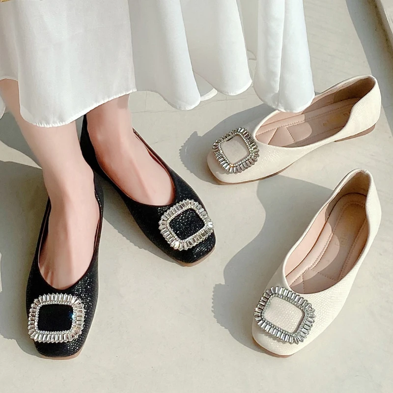 

Square Crystal Buckle Ballet Flats for Women 2022 Spring New Shiny Cloth Ballerinas Ladies Soft Loafer Shoes Big Size