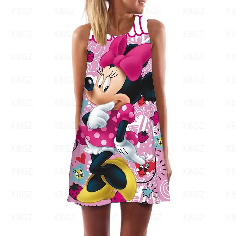 

Minnie Mouse Top Women's Dress Cartoon Summer Dresses Woman 2022 Beach Fashion Cool Sexy Loose Mickey Disney Print Boho Mini Hot