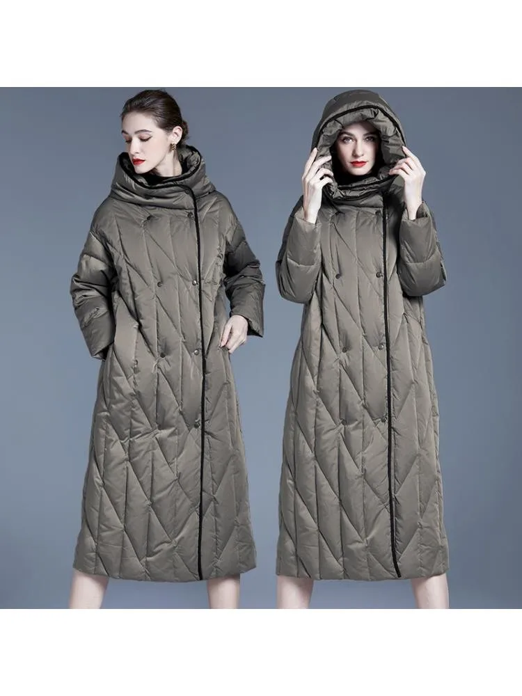High End 2022 Winter Loose Comfortable X-Long Thickened Hooded 90 White Duck Down Coats Women Warmer Jackets