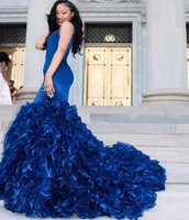 vintage royal blue prom dresses evening gowns sexy v neck mermaid ruffle organza tiered skirt formal african party vestidos