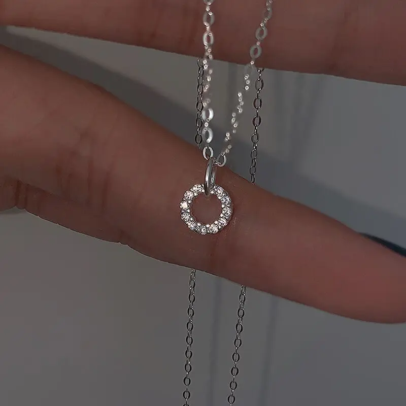 

Collar de plata de ley 925 para mujer, colgante de doble círculo geométrico de diamante brillante, cadena de clavícula Simple pa