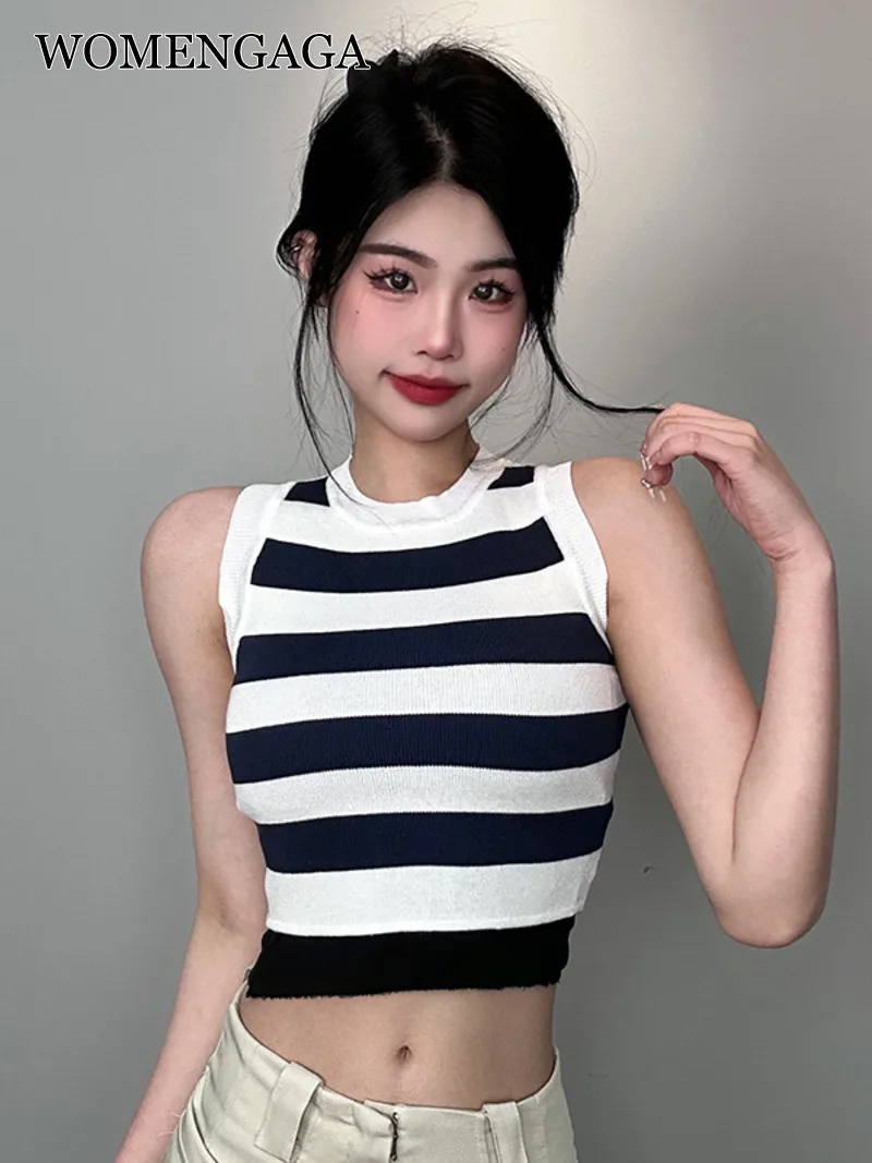 

Женский модный милый жилет, Корейская облегающая пикантная Трикотажная майка в полоску, женский короткий топ без рукавов M96X