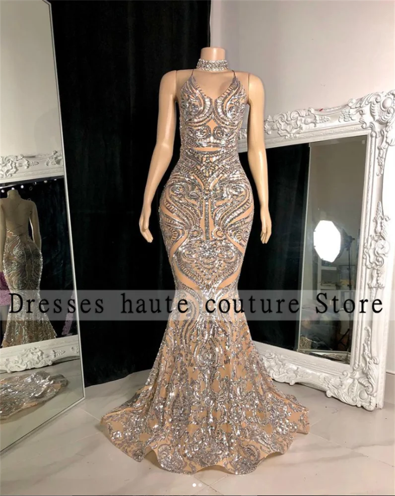 

Sexy Sparkle Sequins Mermaid Prom Dresses Formal Party Dress 2022 For Black Girls Ruffles Evening Gowns